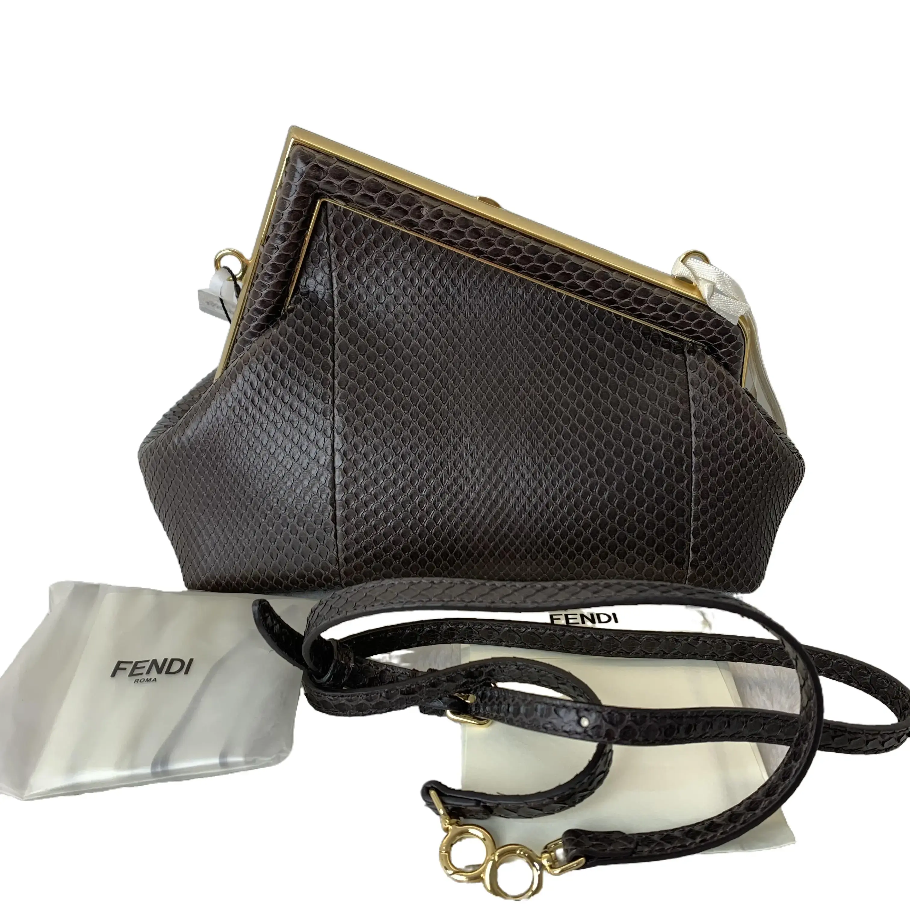 Pre-owned FENDI First Dark Brown Python Leather Medium Shoulder Bag, Full Exotic Snake Skin with Detachable Adjustable Strap & Full Original Accessories TKB00000280
