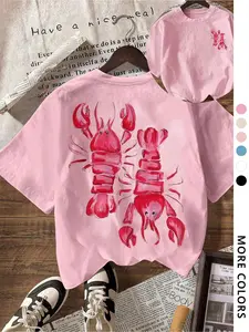 Lobster Print Casual Round Neck Short Sleeve T-Shirt Summer Wear, Loose Fit Graphic Tee for Men & Women