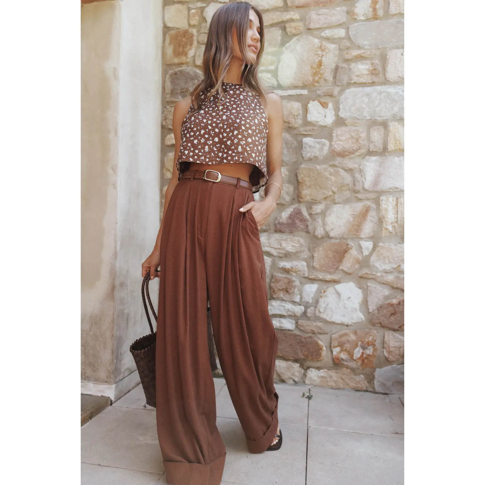 Elinor Cuffed Linen Pant - Brown