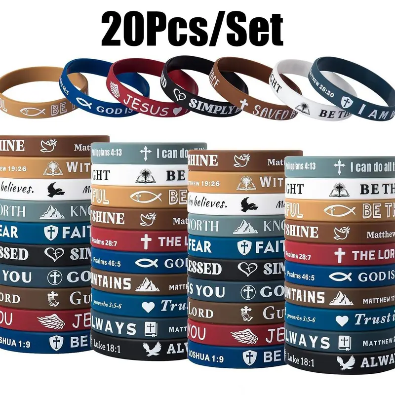Unisex 20pcs Biblical Themed Silicone Bracelets - Stretch Fit, Non-Fading Print, Inspirational Faith Statement, Bracelets for Women, Birthday Party Fashion Accessory for Teens