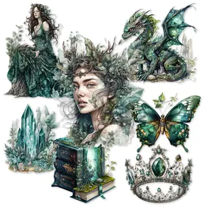 Vintage Emerald City Pattern Sticker (72pcs/9 Sheets), Butterfly & Dragon & Forest & Crown Pattern Sticker, DIY Self-adhesive Personalized Decorative Sticker for Scrapbooking Water Bottle & Phone Case & Guitar