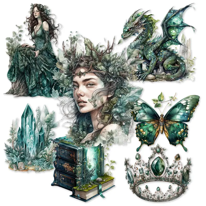 Vintage Emerald City Pattern Sticker (72pcs/9 Sheets), Butterfly & Dragon & Forest & Crown Pattern Sticker, DIY Self-adhesive Decorative Sticker for Scrapbooking Water Bottle & Phone Case & Guitar, Butterfly Stickers