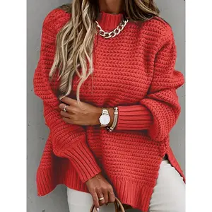 Plus Size Casual Sweater, Women's Solid Color Long Sleeve round Neck Slits Lower Hem Medium Elastic Sweater Knitting Knitwear