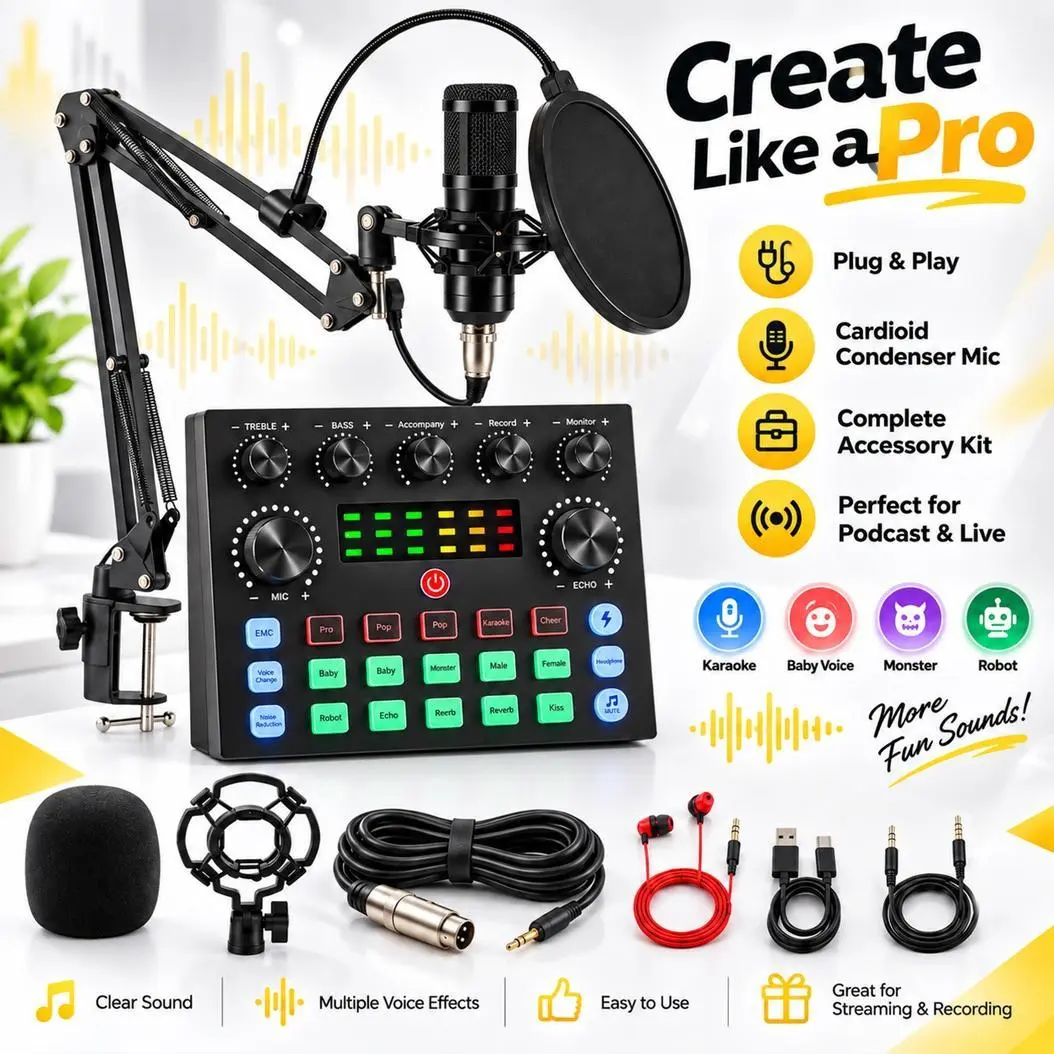 V8S Black Condenser Mic Streaming Kit, with V8S Mixer, Voice Changer and 10 Creative Sound Effects, for PC, Mac, iOS and Android Live Streaming and Podcast Recording