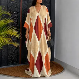 CHICME Women's Oversized Argyle Kaftan Maxi Dress V Neck Batwing Sleeve Hollow-out Beach Robe Long Dress with Pockets