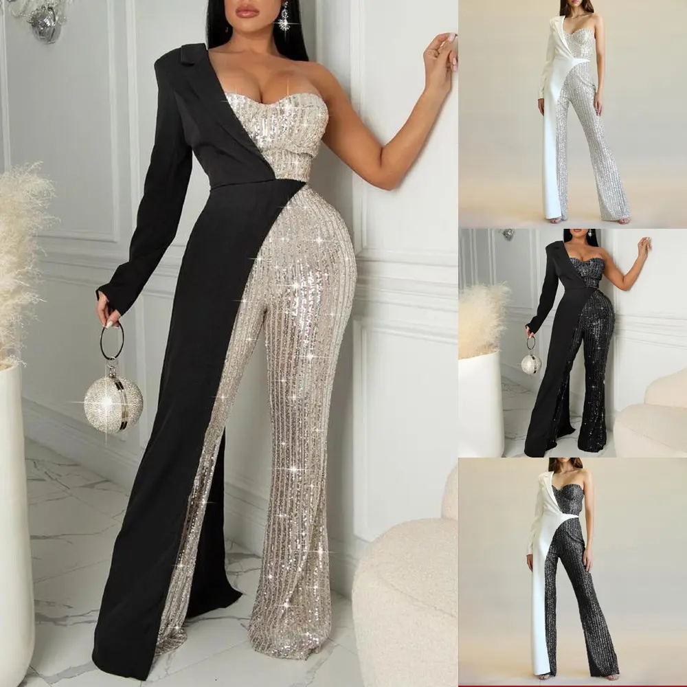 2025 Women's Silver Splicing Sequin One Shoulder Fashion Sequin Jumpsuit