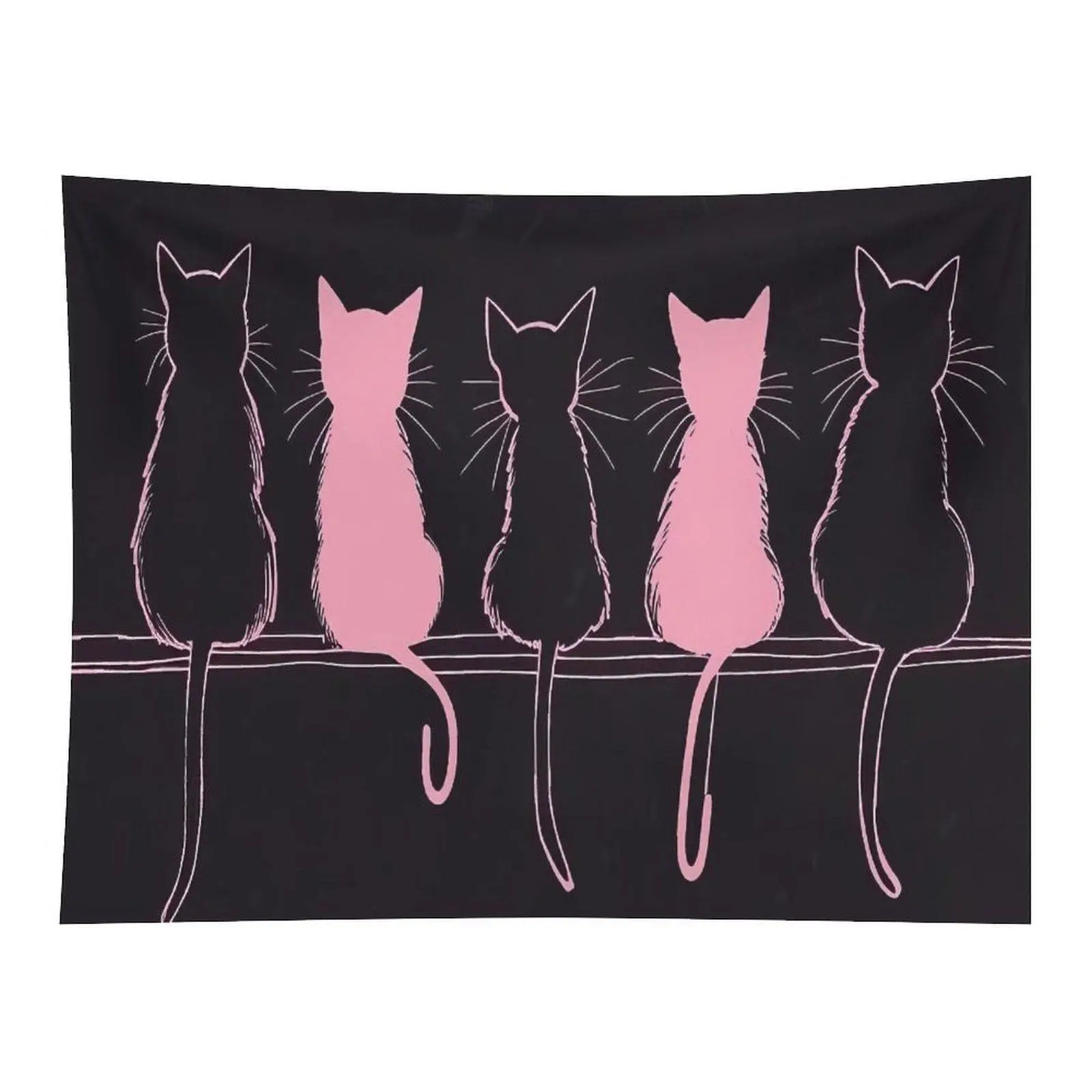 Polyester Minimal Pink Black Cat Silhouette & 5 Kittens On Wire Black Background Wall Tapestry, Boho Line Art Pet Decor for Girl Room & Bedroom Wall Hanging (Room Decor), Bedroom Inspo
