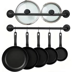 21 inch 2 Pack Pipe Hanging Rail for Pots Pans Lids Kitchen Utensils, Wall Mounted Rail Rack Pipe Bar with 10 S Hooks Industrial Style Black