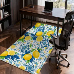 【JIT】One Piece Mediterranean Style Italian Style Blue and White Tile and Lemon Tree Leaf Printed Doormat Entrance Special Decorative Mat Welcomes Guests First Impression Combining Aesthetic and Quality