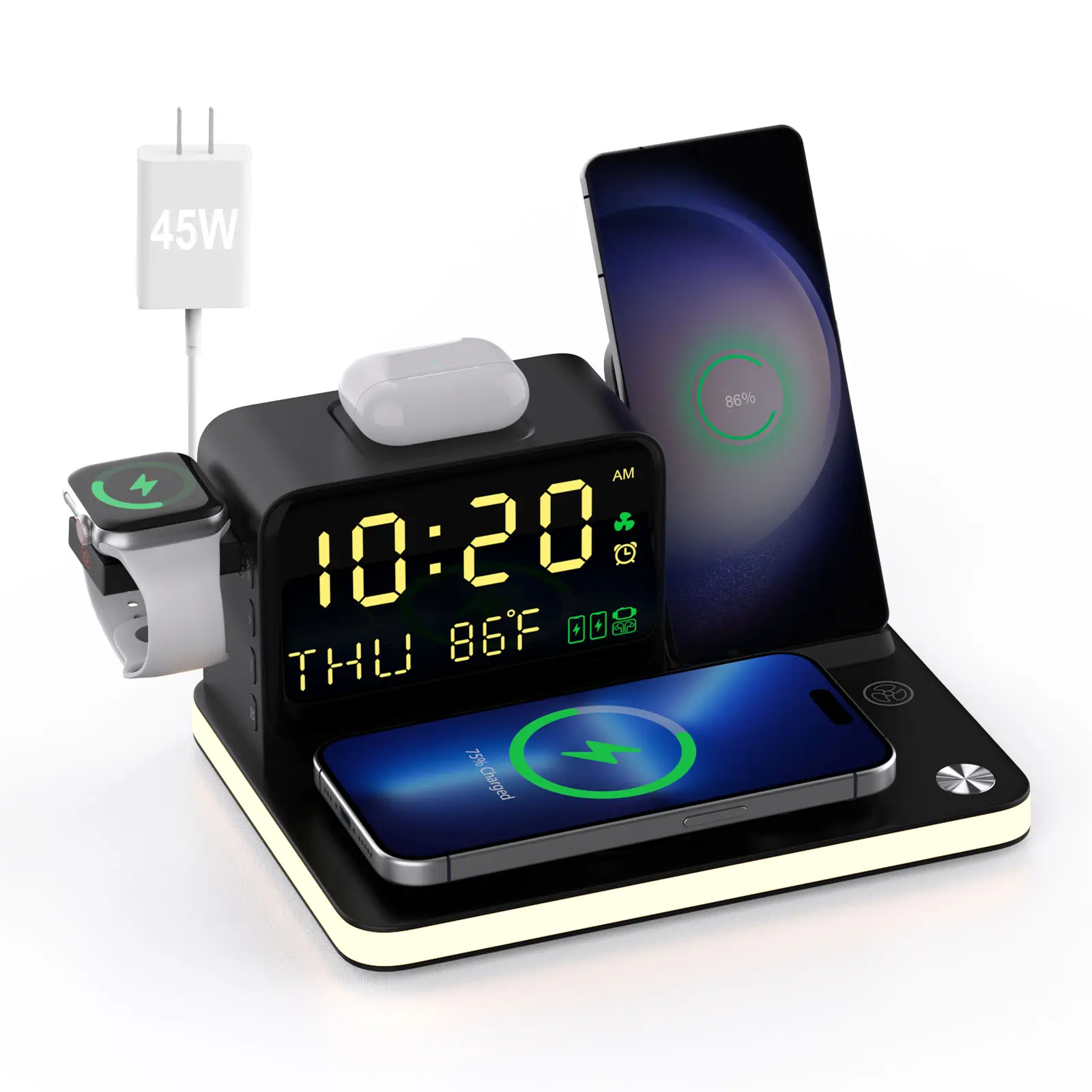 BLKE 7 in 1 Wireless Charging Station with Cooling Fan, MagSafe Fast Charger, Dual Phone Fast Charger, Touch Night Light, Bluetooth TimeSync, 45W Adapter Included for iPhone 17/16/15/14/13/12 Series & Earbuds & Apple Watch & Samsung Watch & Android Phone