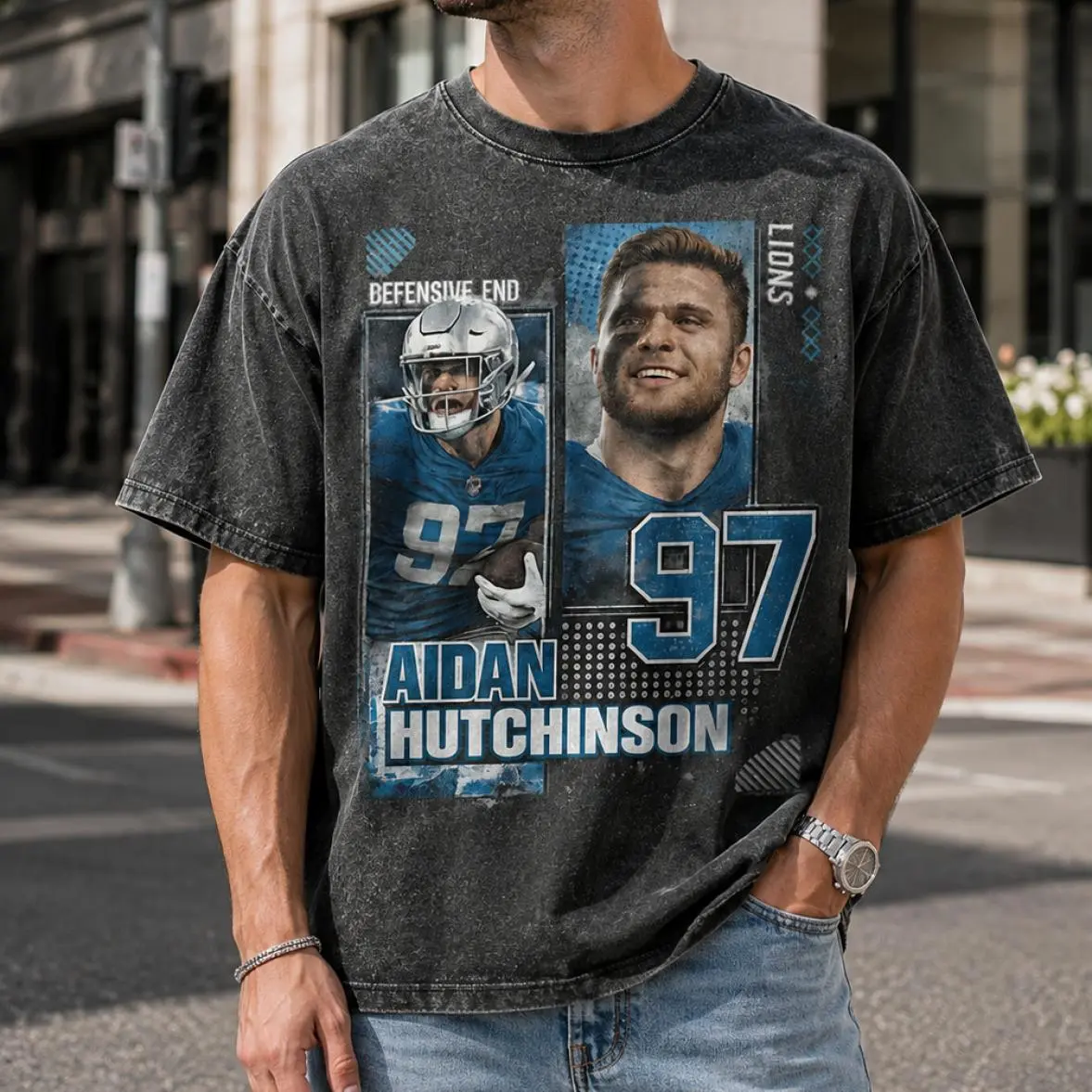 Aidan Hutchinson #97 Vintage Washed Shirt, Detroit Graphic Tee, Football T-Shirt, Retro Sports Graphic Tee, Game Day Shirt, Gift for Lion Fans, Soft Cotton Blend, Breathable Comfort, All-Day Comfort, Zero Compromise