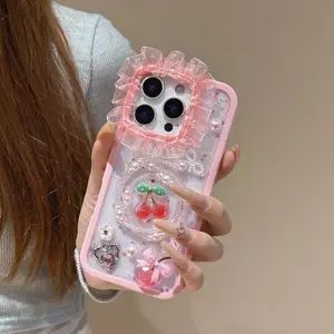 Lace Lens Frame Transparent Glue Phone Case Cover, Large Hole Cherry Aesthetic Design, Touch Feeling Protection for iPhone 13 14 15 16 17 Pro Plus Pro Max