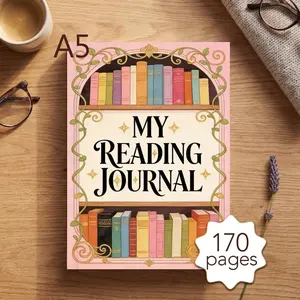 A5 Reading Journal, Daily Reading Planner with 170 Pages, Bookshelf Illustration, New Book Tracking, Reading Log & 52 Book Review Templates, Perfect Gift for Book Lovers to Record Book Notes, Quotes & Reflections