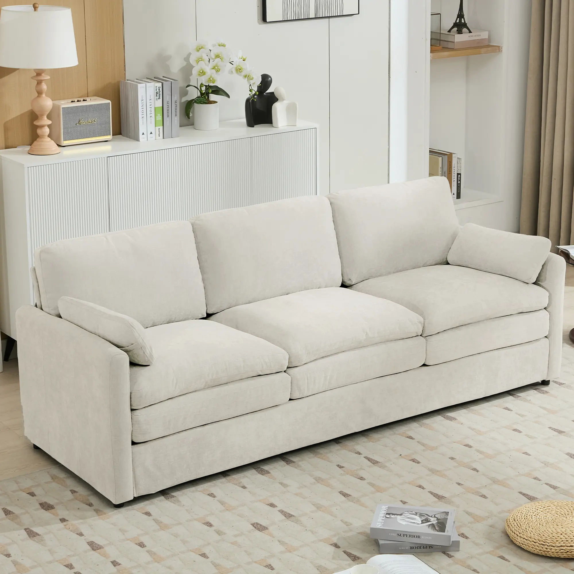 Dreamzon 89" Sturdy Upholstered 3-Seater Cloud Sofa - Double Plush Cushions, Cozy Oversized Design, 108.03 lbs, 89"d x 33"w x 32.7"h, Assembly Required, Beige Indoor Living Room Couch (Note: Avoid Direct Sunlight)