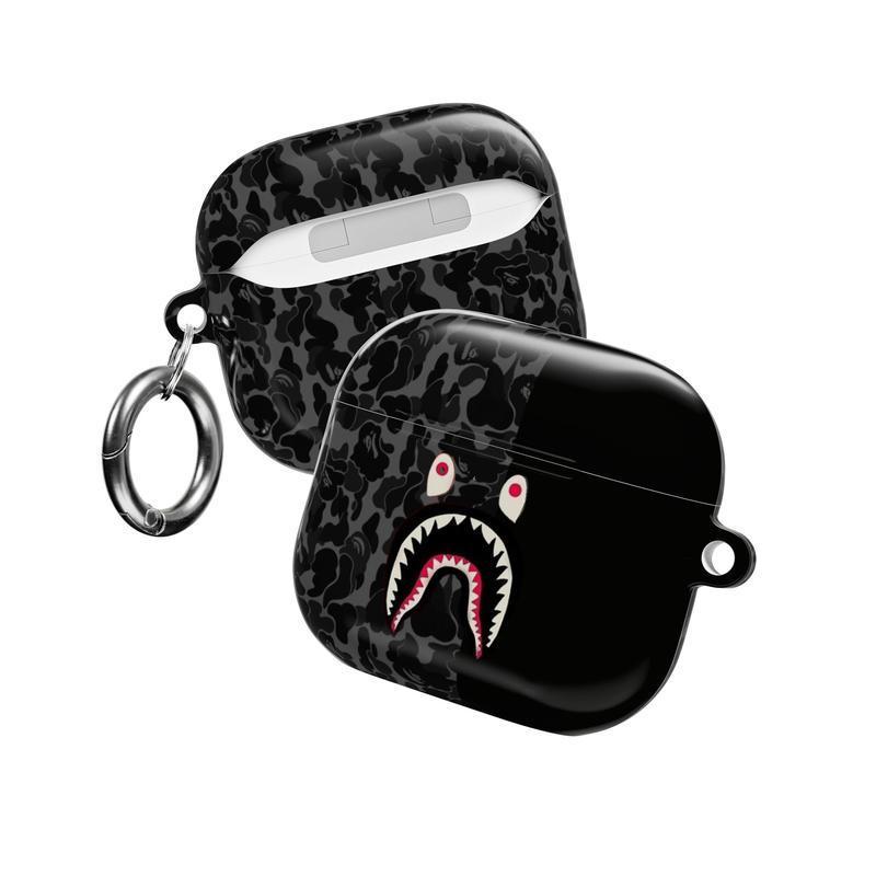Camo Streetwear AirPods Case Collection | Bold Shark Mouth Icon with Military Camouflage Patterns | Urban Hypebeast Tactical Aesthetic Half-Black Design | Durable Protective Cover | For AirPods 1 2 3 4 & Pro Gen 1 2 3 | Gift