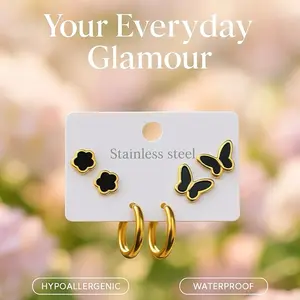 Stainless Steel black Butterfly Set - Gold Hoop Earrings & Flower Studs