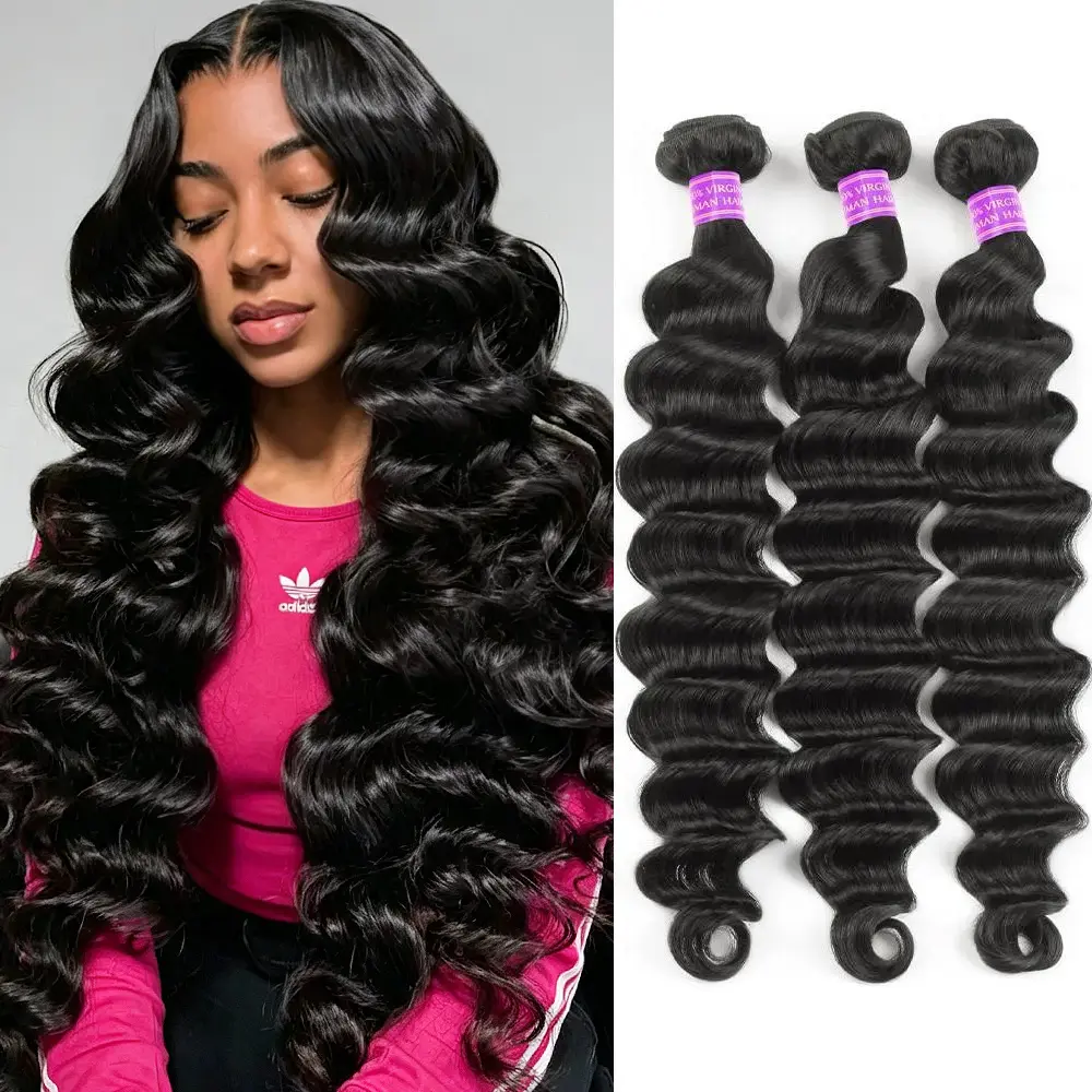 Ama Thick Loose Deep Wave Virgin Remy Human Hair Bundles, Natural Color Quick Weave Extensions, Multiple Pack Options (1/3/4 Bundles) | Human Hair Extension Styles