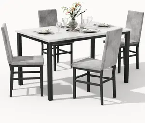 Dining Table Set for 4, 5-Piece Faux Marble Dining Set,4 Upholstered PU Chairs, Modern Kitchen Table Furniture for Dining Room,Compact Space-Saving Faux Marble Tabletop (White + Grey)