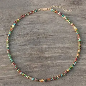 Natural Colorful Crystal Gemstone 4mm Tube Small Beaded Dainty Simple Sea Sediment Jasper Choker Necklace, Healing Protection Calming Necklace, Women Boho Style Layering Stackable Necklace, Christmas gift, Birthday gift, Gift for mother , Couples gift