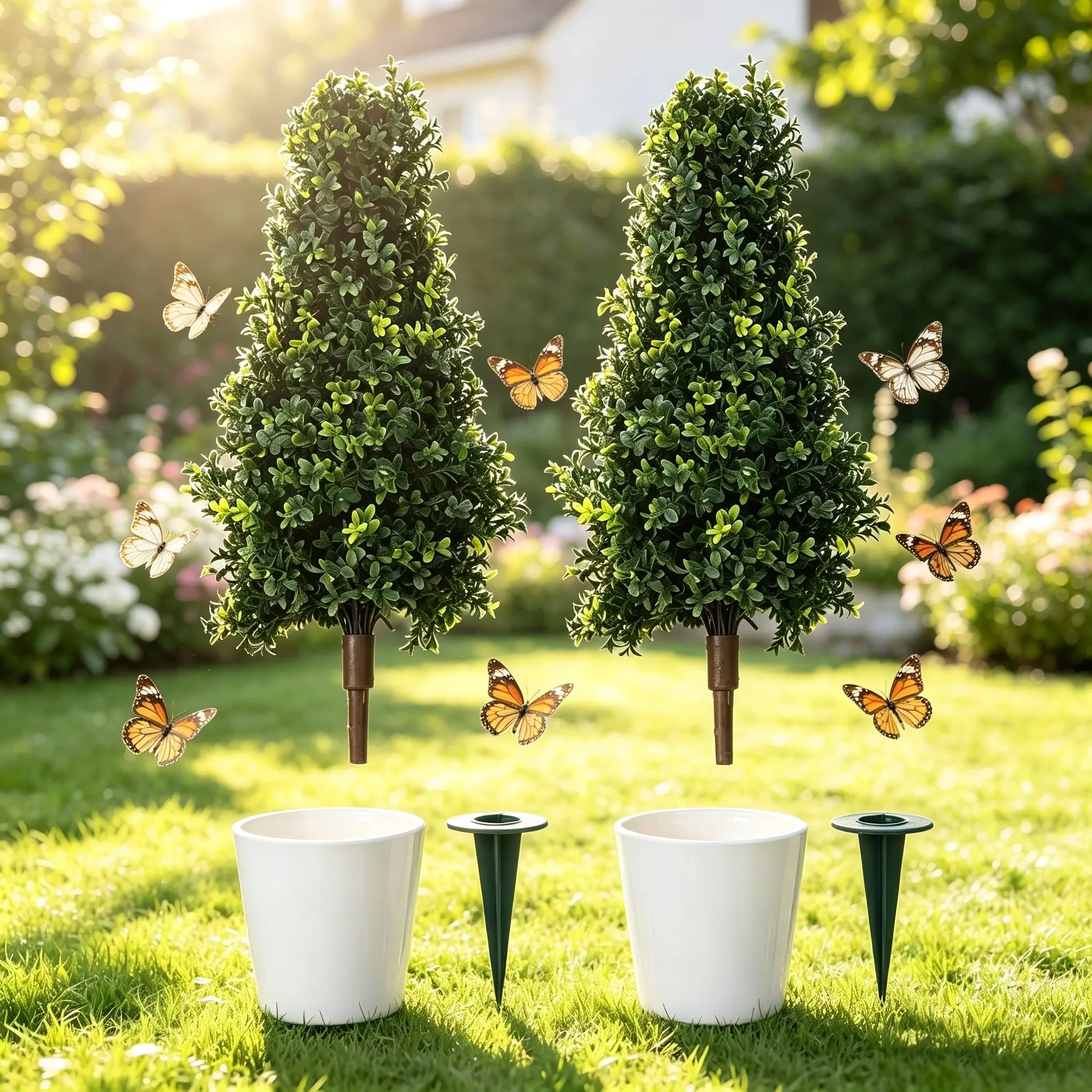 2-Pack 30-In Artificial Boxwood Cone Topiaries with Thorns, Evergreen Silk Shrubs by Silk Tree Warehouse, Indoor-Outdoor Decorative Plants，  outdoor artificial flowers   plants