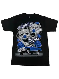 Blue Smile Now Cry Later Low Rider Old School T-shirt Men's Wire Mesh Round Neck Street Top - T-shirt, Men, Tropical Short Sleeve Casual