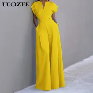 UOOZEE Women's Green Cap Sleeve Wide Leg Jumpsuit - Fitted Polyester Overall with V-Neckline - Chic & Elegant Style (the size is one size smaller,it is recommended to order a size larger) Elegant Shortsleeve
