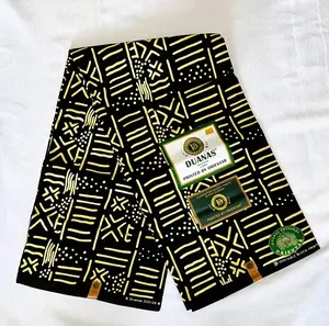 Premium Cotton Kitenge – Beige Geometric Patterns and Circular Accents on Black, 6 Yards Authentic African Cotton