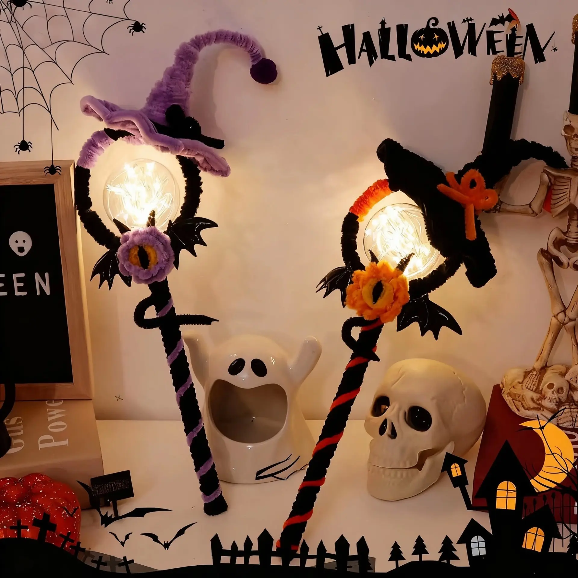 15-Inch Unisex Halloween DIY Light-Up Magic Wand Craft Kit - Witch Hat, Bat Wing Set with LED Glow Chenille Stems, Pom-Poms, Fairy Ornament Supplies for Party Props, Home Decor, Diy Set