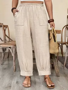 Plus Size Casual Elastic High Waist Loose Fit Trousers, Pants, Breathable Lightweight Fabric, Y2K Clothes Summer Outfits, Trendy Vacation Daily Wear, Comfortable Relaxed Fit Work Casual Bottoms