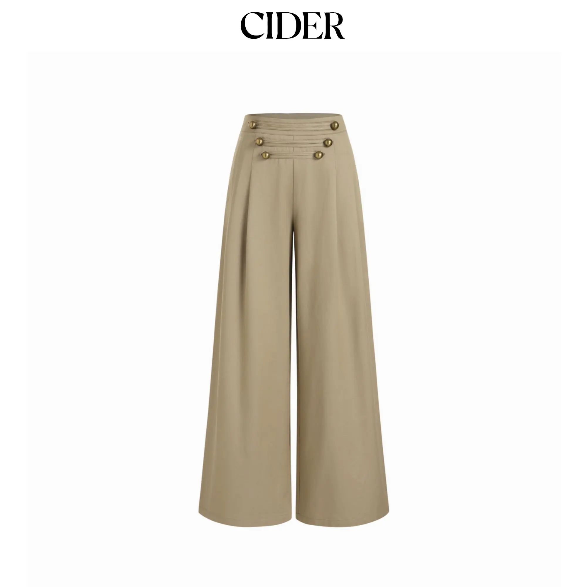 Cider Women's Cotton-Blend Low-Rise Wide Leg Pants - Metal Detail, Flowy Pleated, Loose Fit, Basic Minimalist Bottoms, Flowy Pleated Pants