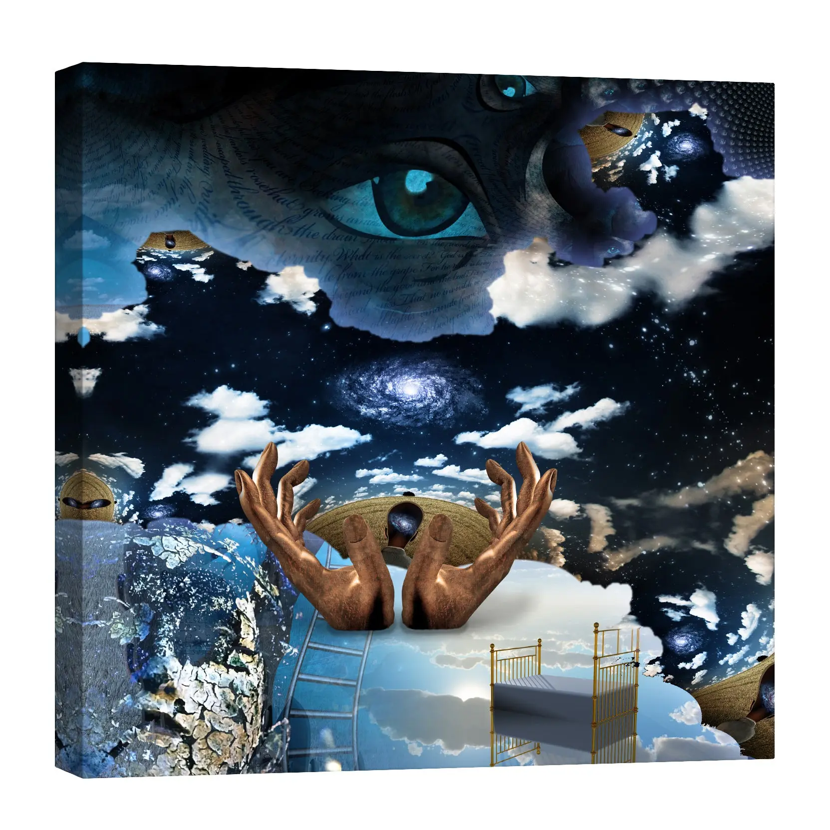 Hands and Sky Surreal Collage Glow in the Dark Canvas Wall Art Office