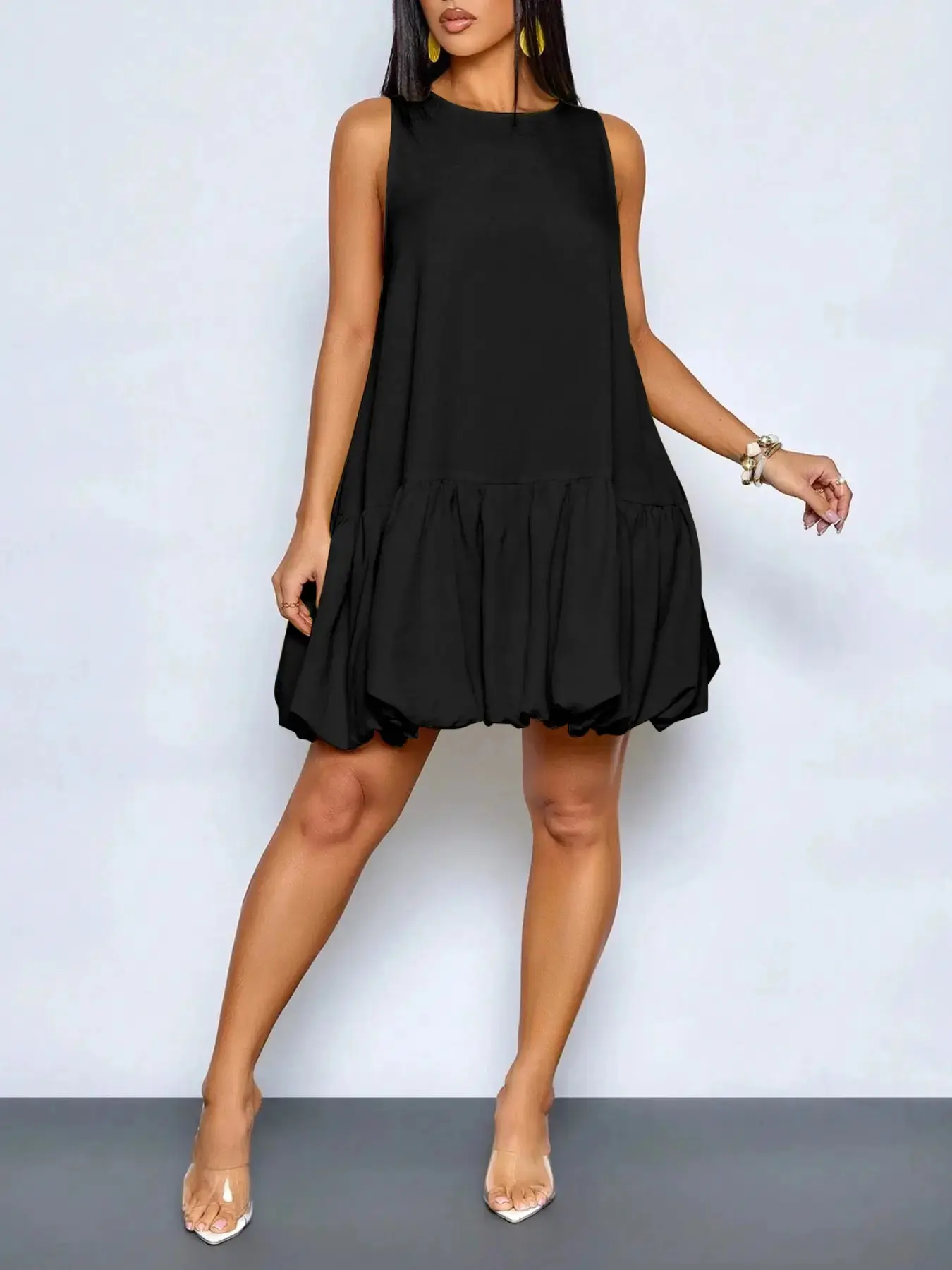 Elegant Round Neck Bubble Hem Tank Dress, Stylish Dress for Women, Summer Wear for Parties