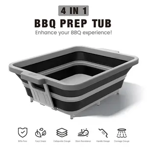 Collapsible BBQ Prep Tub with Lid — 2 Gal (8 L) Foldable Camping Sink & Colander, 4-in-1 Marinating Tub, Cutting Board, Serving Tray & Drink Chiller for Picnic, BBQ & Outdoor
