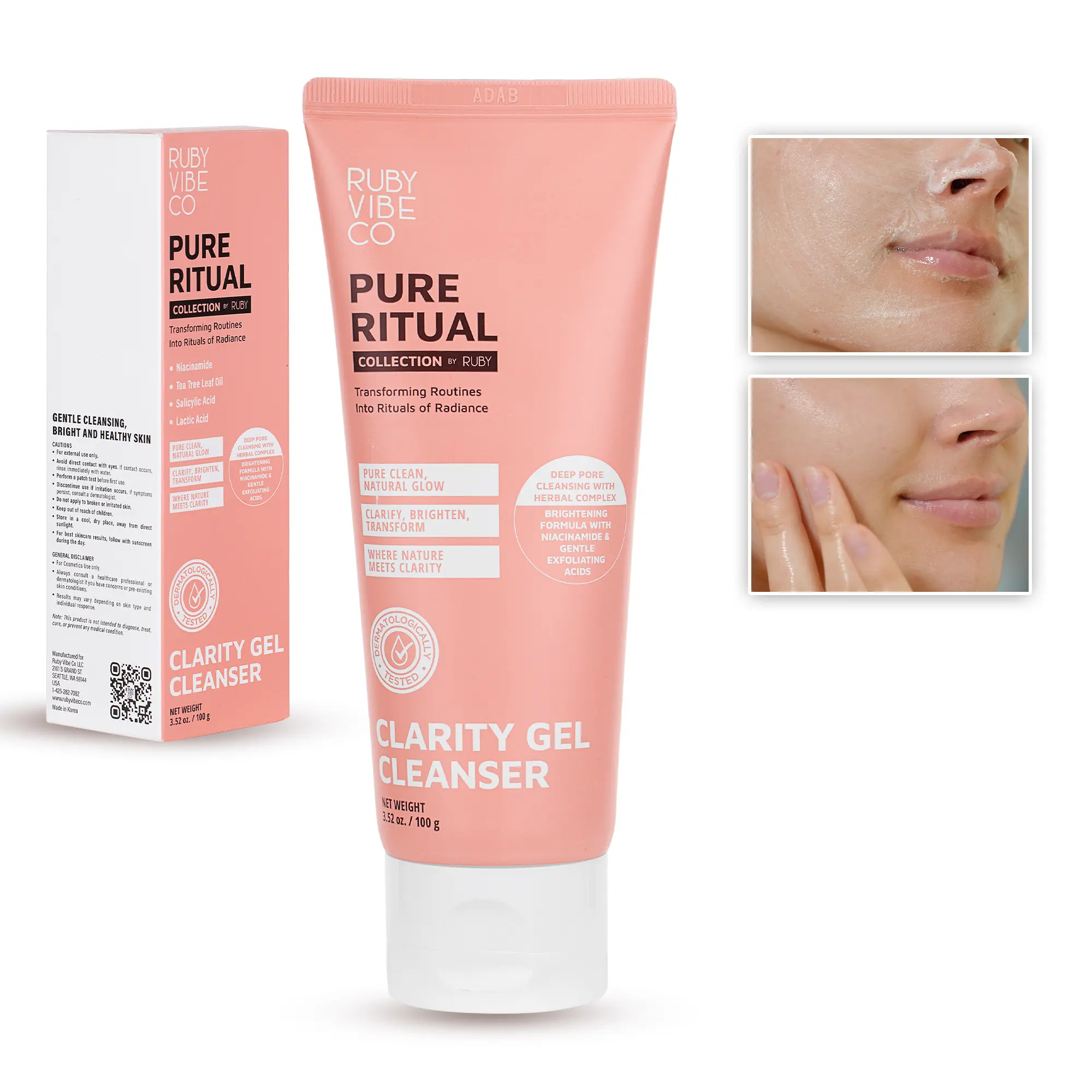RUBY VIBE CO Clarity Gel Cleanser, Gentle Foaming Facial Cleanser with Niacinamide & Tea Tree Oil, Hydrating Face Wash for Women and Men, Daily Facial Cleanser, 100 g