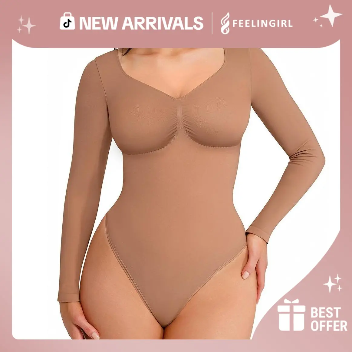 FeelinGirl Women's Seamless Long Sleeve Thong Bodysuit for Tops and Comfortable for Lady Soft Womenswear live stream dealsforyoudays