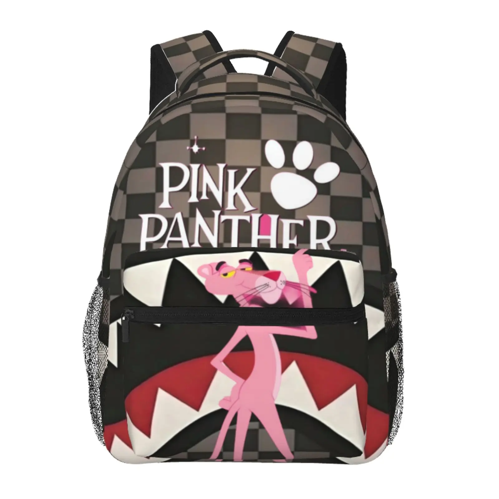 SG backpack — Pink Panther arms crossed graffiti checkered laptop bag; school/commute; Y2K cartoon school bag; cute gift for teen girls and students