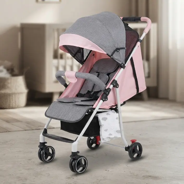 Convenient baby stroller – with compact folding, multiple reclining positions, sunshade, and storage basket.