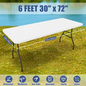 Spandex 6 Foot Rectangle Table Cloth, Elastic Fitted Tablecloths for Picnic, Stretch Washable Patio Table Cover for Outdoor, Camping, Banquet and Parties (White, 30"x72")