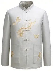 Chinese Dragon Embroidery Tang Suit Shirt, New Traditional Stand Collar Vintage Top, Business Casual Two-In-One, All Seasons