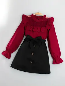 Girls' 2-Piece Set, Lace Trim Collar Bubble Long Sleeve Top with Textured Design, Elastic Waist Half Skirt with Adjustable Belt, Fashion Style Sets