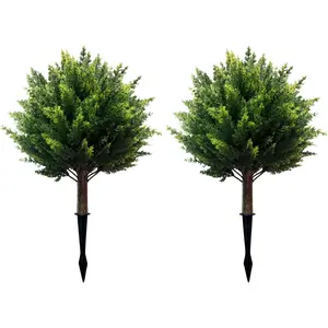 Artificial Cedar Topiary Ball Tree with Ground Spike 23.6", Set of 2 Outdoor Faux Plants UV Resistant Fake Bushes Shrubs for Garden, Yard, Porch, Patio Decor