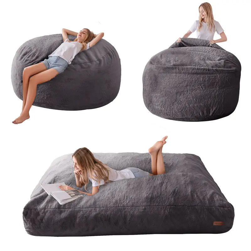 Maxyoyo Giant Faux Fur Bean Bag Chair - 2-in-1 Convertible Lounger & Floor Mattress Bed | Super Soft Foldable Lazy Chair for Living Room, Dorm & Apartment