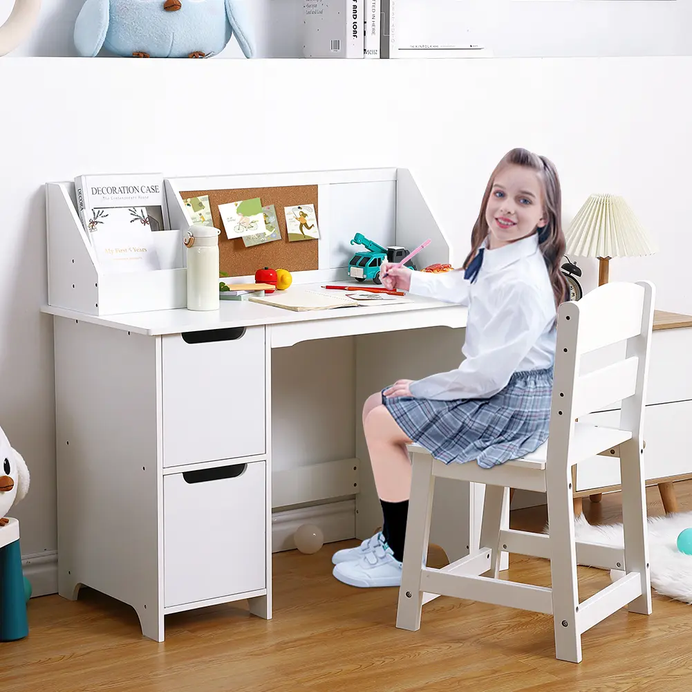 Garvee Kids Wooden Desk and Chair Set with Bookshelf, Bulletin Board, Storage Cabinets, Side Shelves – Learning Table for Home or School – Ideal for Drawing, Homework, Art, Ages 3-8