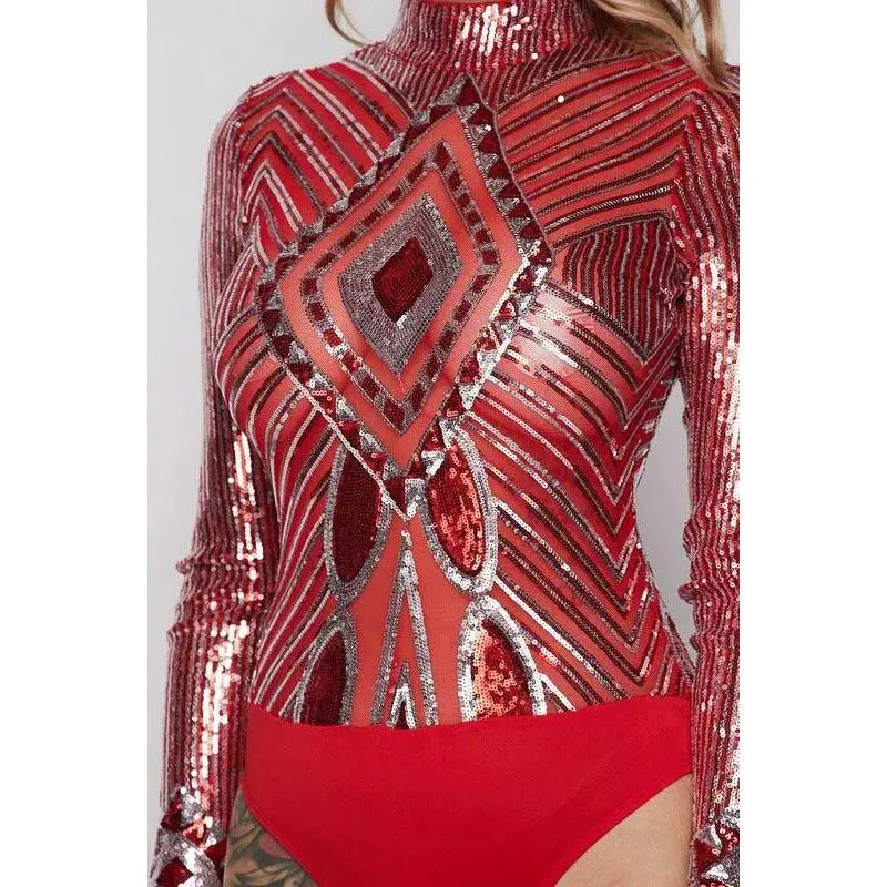 Stretchy Ebony Bodysuit with Sequins - Red/Silver for Women