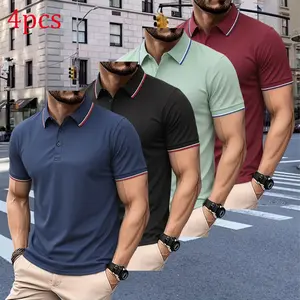 Pack of 4 men’s solid color paneled polo shirts — casual sporty style, breathable quick-dry short sleeves for summer, fashionable and versatile; breathable and cool, suitable for all seasons—an ideal choice for holiday gifts.