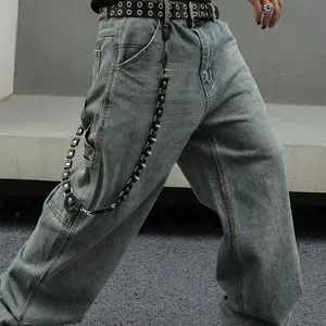 MZNBURAM Men's Non-Stretch Relaxed Fit Wide-Leg Baggy Carpenter Jeans Pants Streetwear Denim Menswear Trouser