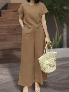 Women's Round Neck Short Sleeve Fitted Crop Shirt Set, Urban Chic Sportswear, Loose High Waist Long Pants 2 Piece Set, Casual Fashion