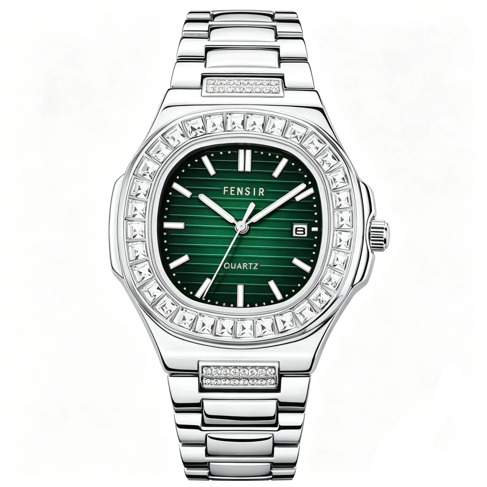 Stylish Watch for Men, Modern Full-Diamond Alloy Design with Quartz Movement, Analog Display and Calendar for Business & Casual Wear, Modern Watches