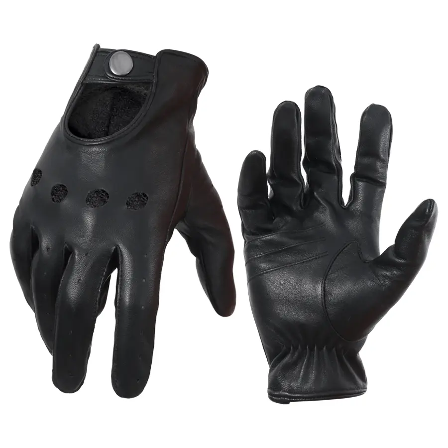 Black Leather Motorcycle Driving Gloves with Button Closure, Ventilation Holes for Comfort, Style (Equestrian Riding Gear for Sports & Outdoor Leisure)