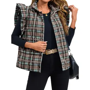 Imily Bela Women's Plaid Puffer Vest Ruffle Sleeveless Lightweight Quilted Gilet Coats for Fall Winter Chic Style